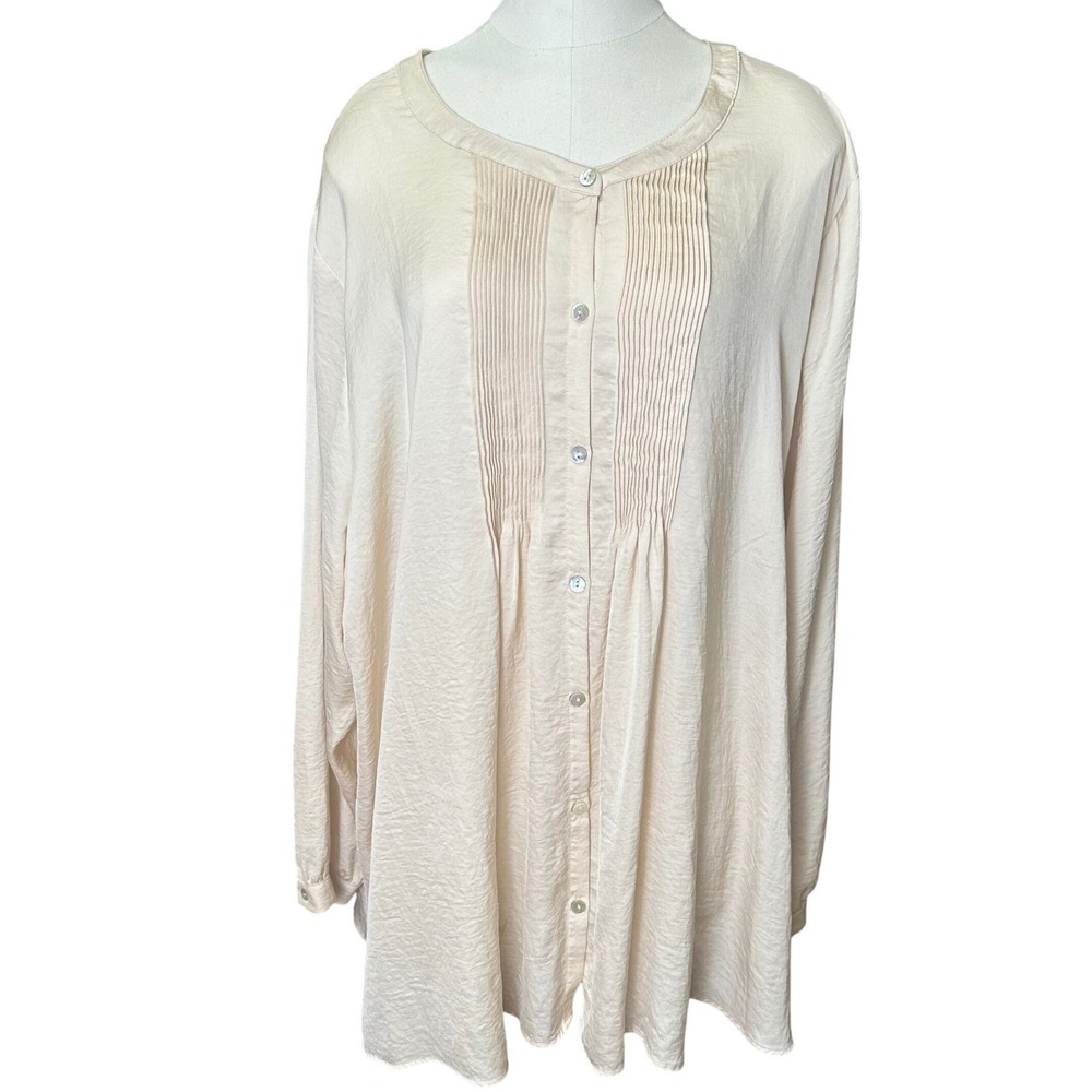 LOGO Lori Goldstein Blouse Womens 3XL Beige Pintuck‎ Pleated Button Down